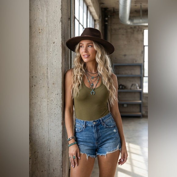 NWT Olive Green Soft Stretch Snap Closure Racerback Tank Bodysuit Top - Picture 2 of 4